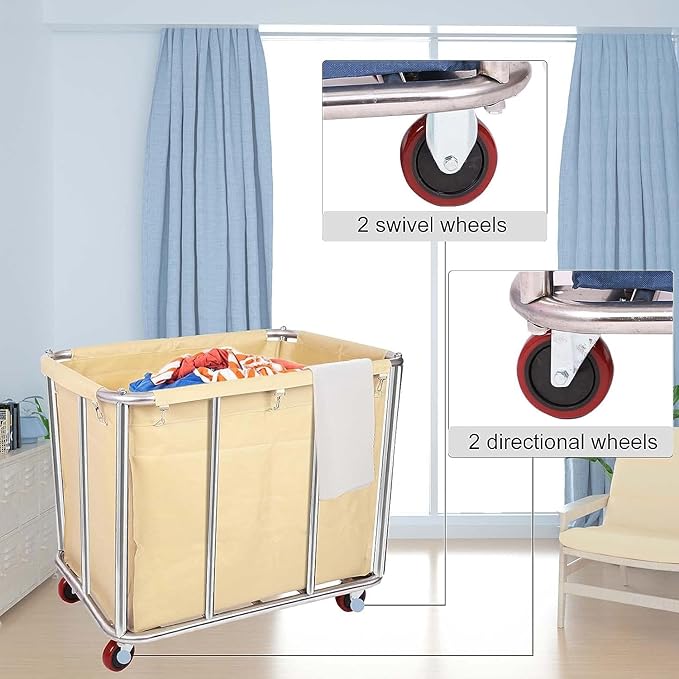 Laundry Cart for Commercial/Home,12 Bushels Heavy Duty Large Stainless Steel Rolling Laundry Basket with Wheels，for Laundry/Toys/Sundries Organizer and Storage,286LBS Load