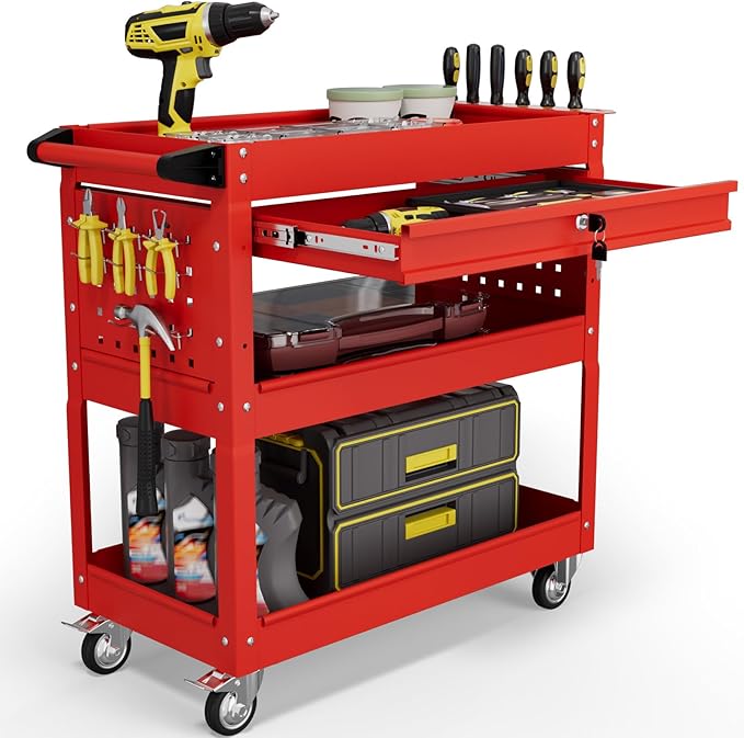 3 Tier Tool Cart on Wheels with Drawers - Three Tier Rolling Cart with Lockable Storage - Mechanic Tool Chest - Tool Chest with Wheels Used in Garage, Indoors, Workshop (Red)