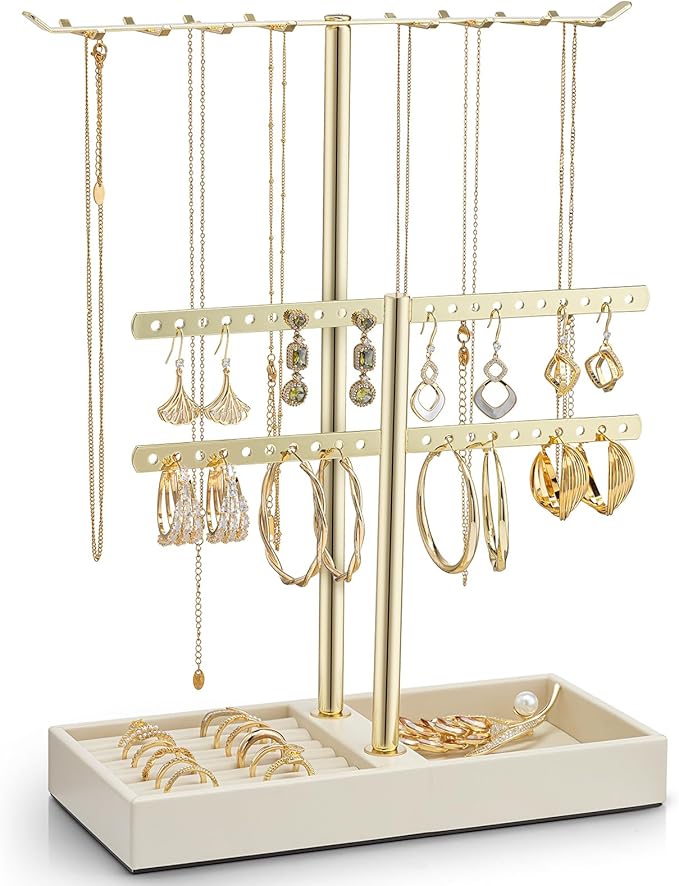 Vlando 2 Tier Jewelry Stand Organizer with Tary, Leather Jewelry Holder Display for Women, Gold Jewlery Holder Stand for Necklace, Earring, Bracelet, Rings - Cloud White