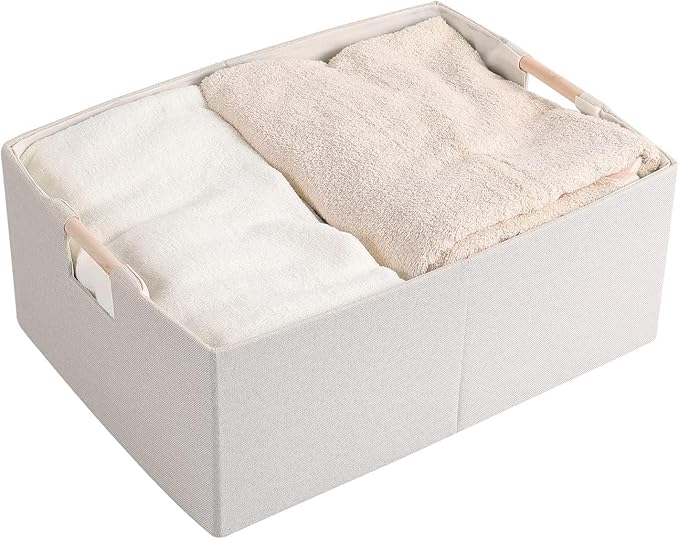 Fabric Storage Bin 3 Pack Foldable Cotton Linen Storage Basket with Wooden Handles Rectangular Cube Box - Beige, Medium