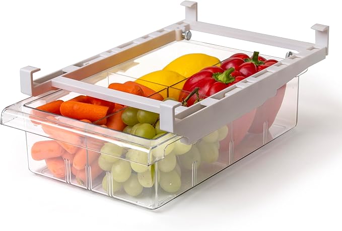 BINO | Pull-out Fridge Organizer | THE HANGER COLLECTION | Fridge Drawer Organizer with 2 Dividers | Clear Pantry Drawer Organizers | Shelf Holder Storage Drawers for Fruits, Veggies & Drinks