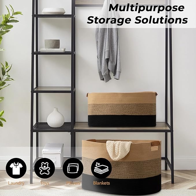 danpinera Large Blanket Basket for Living Room,72 L Rectangle Toy Storage Basket for Nursery Room, Woven Rope Storage Box with Leather Handle, 22’’*17’’*11.8’’, Gradient Linen