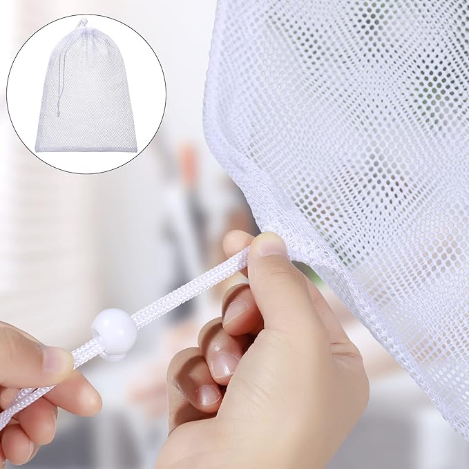 TecUnite 10 Pcs Mesh Bags Drawstring Laundry Bags Large Nylon Mesh Gift Dishwasher Bag with Sliding Drawstring for Kitchen Jewelry Gifts Wedding Favor Home(11.8 x 7.5 Inch,White)