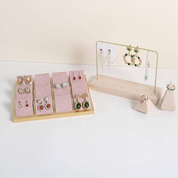 GemeShou Golden coated earring display stand for selling, velvet stud earring holder for jewelry display, Jewlery earring storage organizer tray, studs holder jewelry organizer【Earring holder-Pink】