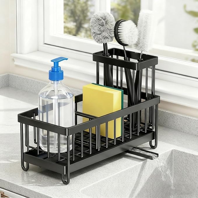 Sponge Holder for Kitchen Sink: 4 Pack Sink Caddy Organizer Complete with High Brush Holder & Auto Drain Tray, Stainless Steel Countertop Storage for Soap Dispenser & Dish Brush, Fast Local Shipping