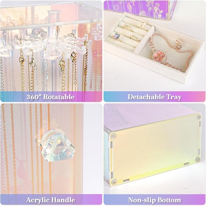 Cirhy Iridescent Necklace Holder Organizer for Women & Girls, Rotating Acrylic Jewelry Display Stand with Velvet Tray, Dustproof Necklace Organizer Box, Great Gift for Her