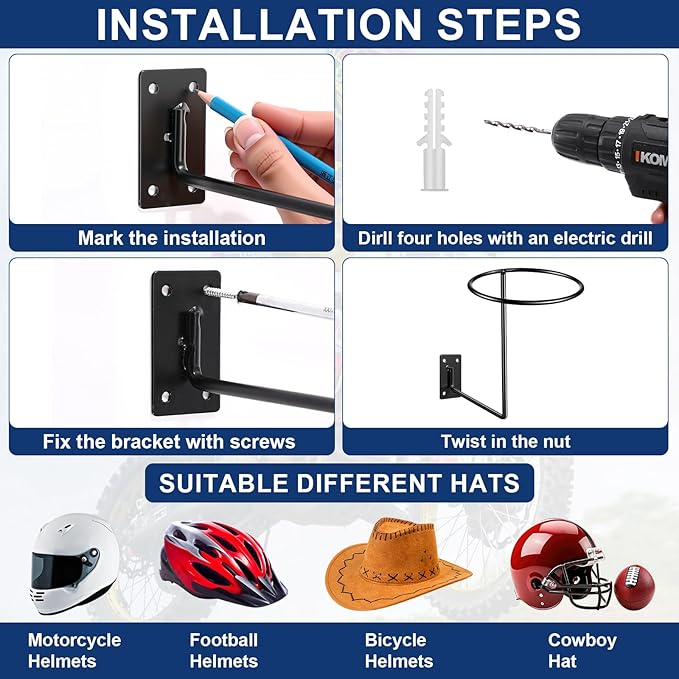 3 Pack Helmet Hanger Wall Mount Motorcycle Helmet Rack Metal Ball Holder for Basketball Volleyball Football Multifunctional Display Hook Stand for Cap Hat Wig Riding Jacket Coat