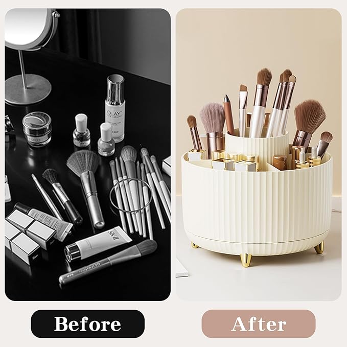 360° Rotate Makeup Brush Holder Organizer, Makeup Organizers Countertop, Makeup organization and Skincare Storage for Vanity, Desktop, Bathroom (Ivory)