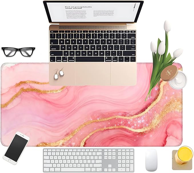 Pink and Gold Stripes Gaming Mouse Pad 31.5"x11.8"Desk Mat Anti-Slip Rubber Base & Durable Stitched Edges for Gamers Smooth Mouse Writing Surface for Desk Office/Home