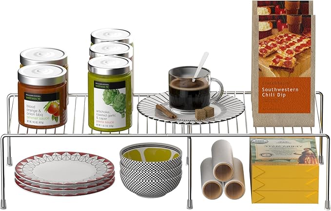 Redrubbit Cabinet Storage Shelf Rack, Expandable Metal Rustproof Kitchen Counter and Cabinet Shelf, Storage Rack Organizer Space Saver for Kitchen, Fridge, Cabinet, Bathroom, Chrome, Set of 6