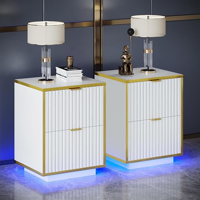 Fluted Nightstand Set of 2, White End Table with LED, Modern Floating Night Stand with Base, Bedside Table with Storage, End Table with Drawers for Bedroom, White and Gold
