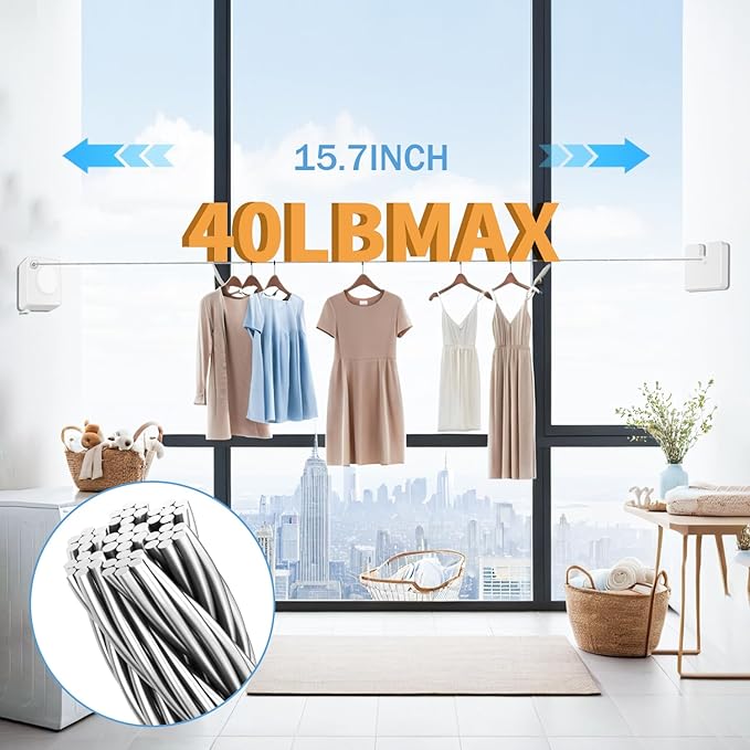Retractable Clothesline Indoor, Non-Sagging Outdoor Clothes Line Retracting 15.7 Feet Heavy Duty Laundry Line Retractable Wall Mounted Clothes Line Outdoors (Square-White)
