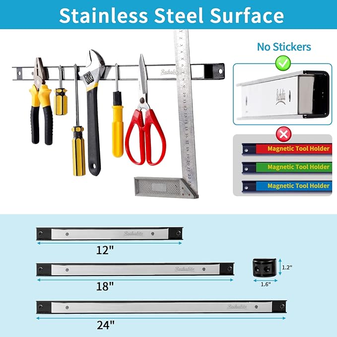 6 Pieces 18" Magnetic Tool Holder Strip, Stainless Steel Surface Tool Magnet Bar, Metal Tool Organizer Rack for Garage Organization, Easy To Install in Workshop, Mounting Screws Included