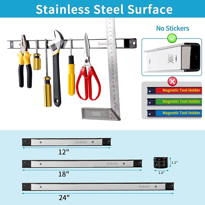 6 Pieces 24" Magnetic Tool Holder Strip, Stainless Steel Surface Tool Magnet Bar, Metal Tool Organizer Rack for Garage Organization, Easy To Install in Workshop, Mounting Screws Included