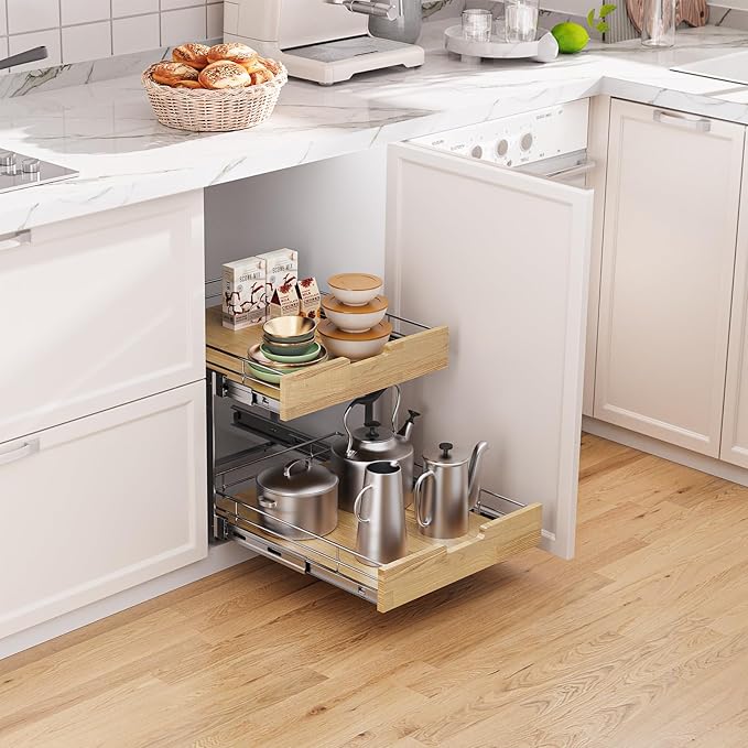 Pull Out Cabinet Organizer,Heavy-Duty Slide Out Shelf, Wood and Wire Basket, Pull Out Drawer for for Kitchen Under Sink Space, Pantry, Bathroom, 2 Tie 14 * 21 in