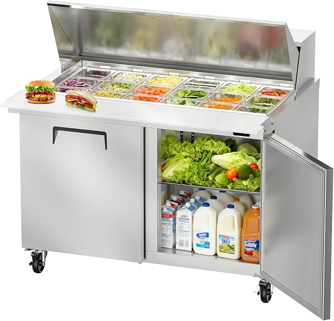 48" W Commercial Refrigerator Sandwich Salad Prep Table, Stainless Steel 2-Door Sandwich Prep Table Refrigerator, Counter Fan Cooling Refrigerator with 18 Pans for Restaurant, Bar
