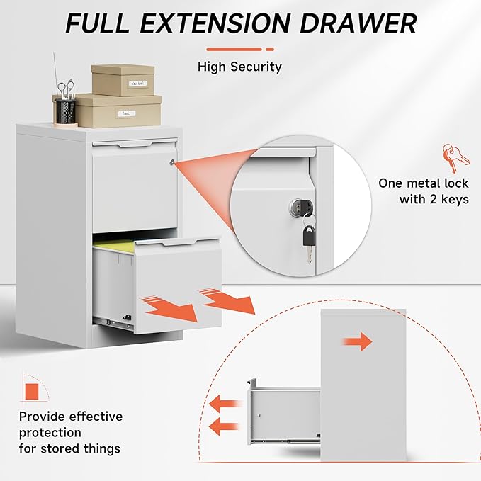 Metal Filing Cabinet with Lock,Vertical File Cabinet 2 Drawer,White File Cabinet with Lock for Home Office/Legal/Letter/A4,Lockable File Cabinets for Hanging File -Assembly Required
