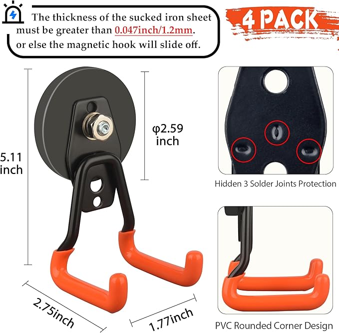 ULIBERMAGNET New Upgraded Heavy Duty Magnetic Garage Hooks,4 Pack Strong Large Magnet Hooks for Power Drill,Garden Tools,Hose,Pegboard,Garage, Workshop,Magnetic Storage Hook for Hanging(Orange)