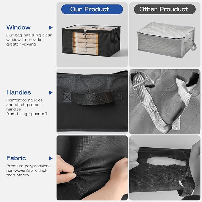 Hopack Clothes Storage Bags, Foldable Thick Fabric Blanket Storage Bags, Large Clear Window & Carry Handles, Great for Clothes, Blankets, Closets, Pillows, Toys (Black, 6PACK)