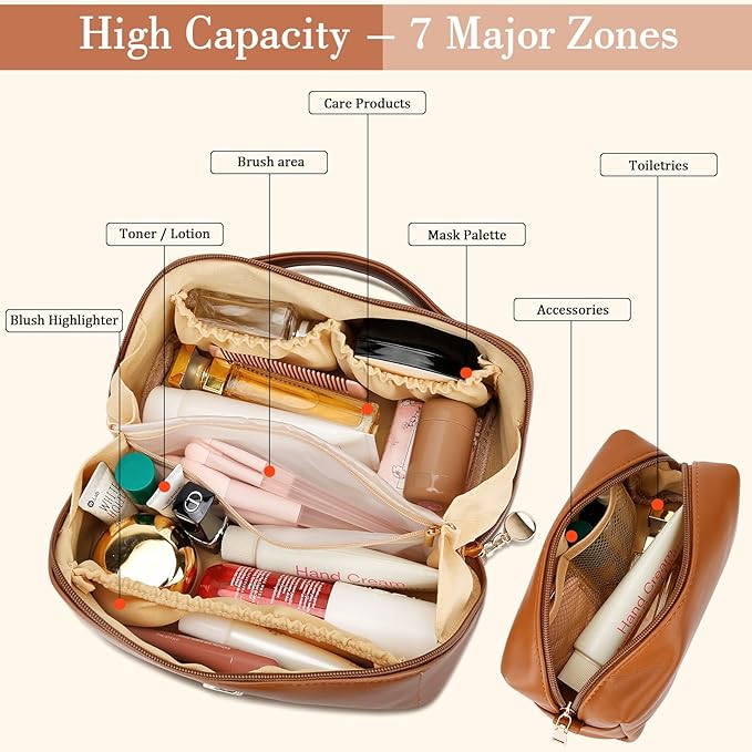 Birthday Gifts for Women Teen Girl, Personalized Initial Makeup Organizer Bag Set, Open Flat Travel Cosmetic Bag With Clear Divider and Handle(Brown,L)
