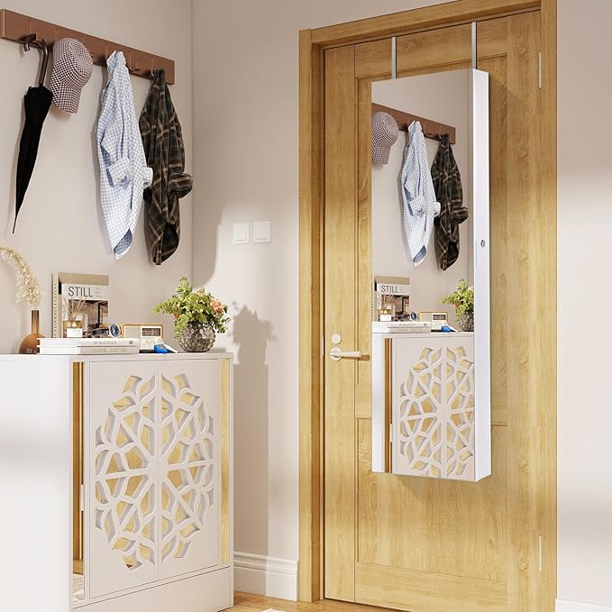 Giantex Wall Door Mounted Jewelry Armoire Cabinet with 47.5" Full Length Mirror, 2 LEDs Lockable Jewelry Organizers and Storage with 2 Drawers, Over the Door Jewelry Organizer Cabinet (White)