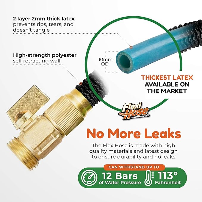 Flexi Hose Lightweight Expandable Garden Hose, 150FT -Retractable Garden Hose, Water Hose - No-Kink Flexibility, 3/4 Inch Solid Brass Fittings and Double Latex Core