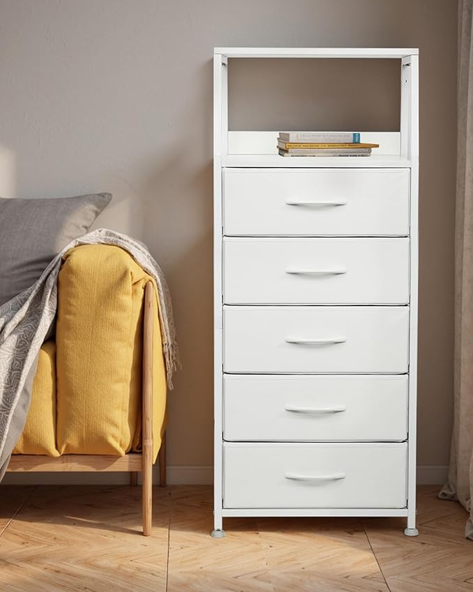 Dresser for Bedroom, Fabric Nightstand Tall Dresser & Chests of Drawers with 5 Drawers, Vertical Organizer Storag, Hallway, Entryway White
