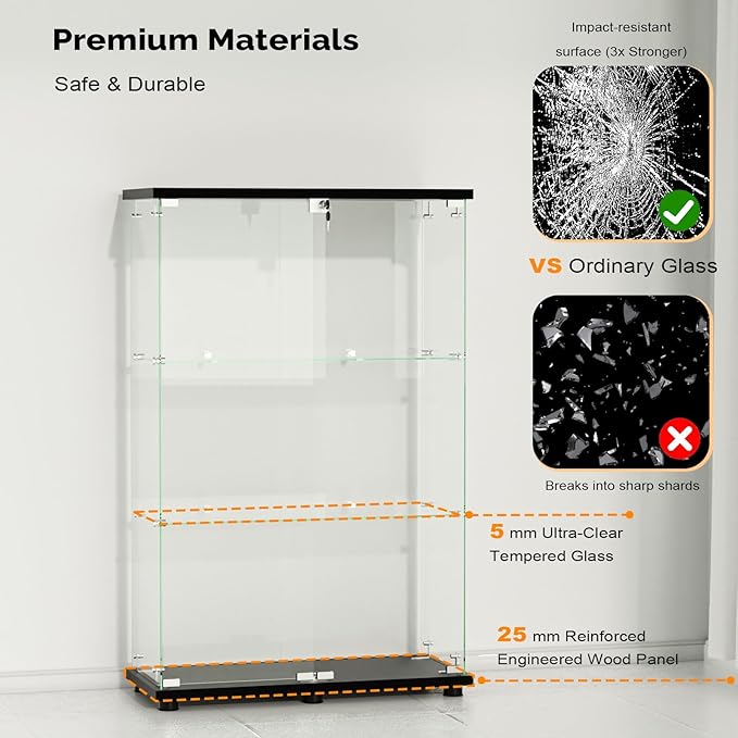 VINGLI Glass Display Cabinet with 3 Shelves, Double Doors and Lock, Floor Standing Curio Cabinets with LED Light, Upgraded Tempered Glass Bookshelf, for Living Room Living Room Bedroom Office, Black
