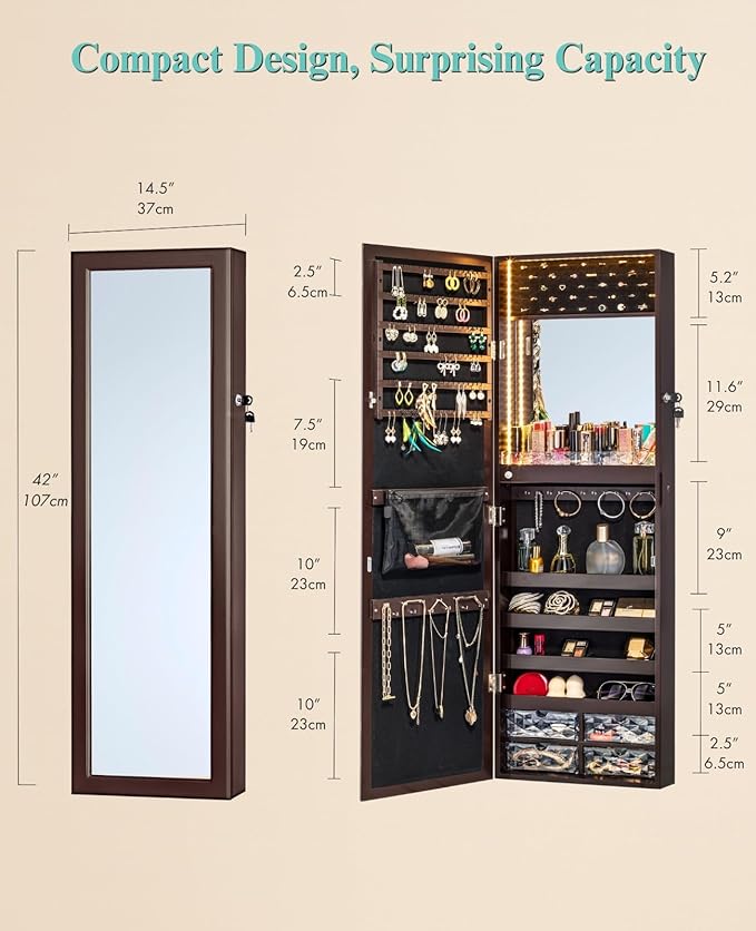 LUXFURNI Mirror Jewelry Cabinet 79 LED Lights Wall-Mount/Door-Hanging Jewelry Armoire with Mirror, Lockable Storage Organizer w/Drawers, Brown