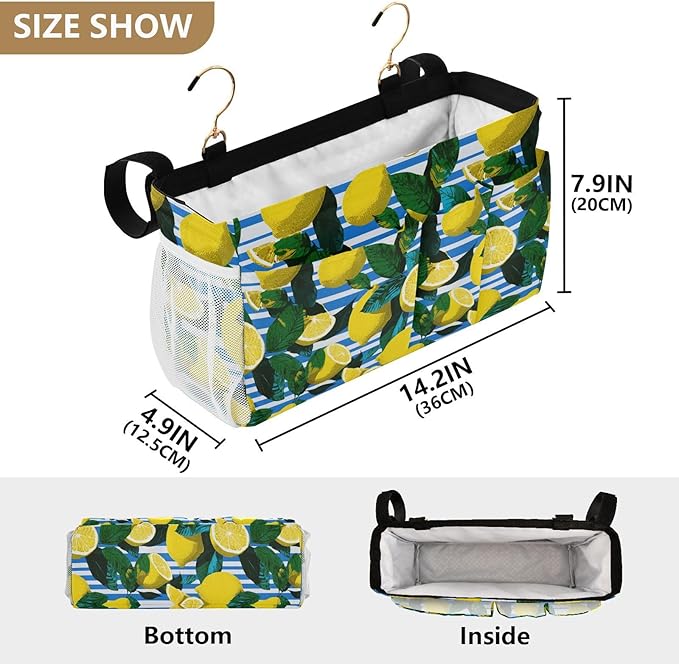 White and Blue Striped Lemons Bedside Caddy for Dorm Bed Bedside Hanging Caddy Bag Iron Frame Storage Organizer Pocket for Bunk Home College Hospital Beds 2 Hooks
