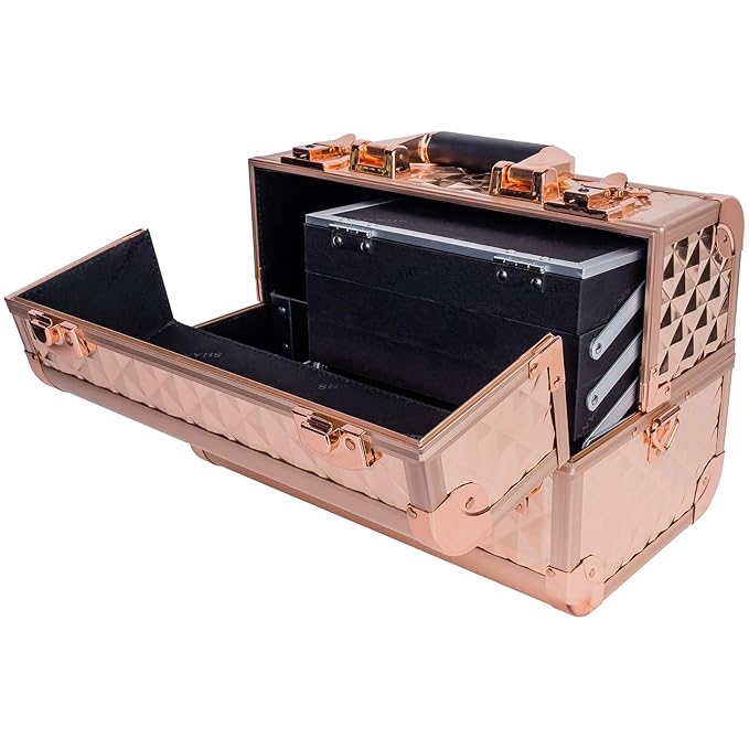 SHANY Premier Fantasy Professional Makeup Train Case Cosmetic Box Portable Makeup Case Organizer Jewelry storage with Locks, 3 Trays,Makeup Brush Holder and Cosmetics Mirror - Rose Gold