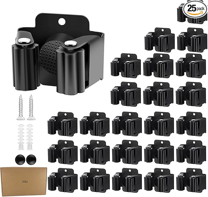 Broom Holder Wall Mount 25 Pack Broom and Mop Organizer Wall Hanging Clamp Clip Hanger Stainless Steel Gripper Mounted Utility Rack with Installation Screws Self Adhesive for Shovel Handle Black