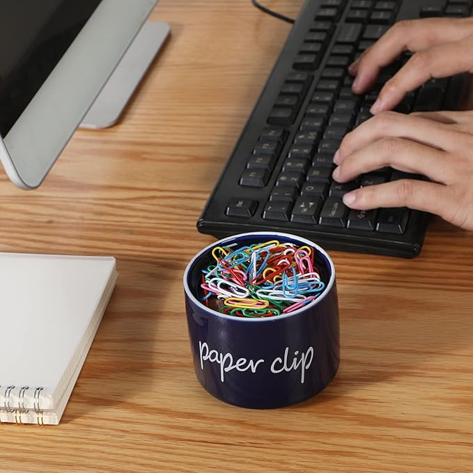 ONTUBE Porcelain Paper Clip Holders,Ceramic Paper Clip Organizer (Navy)