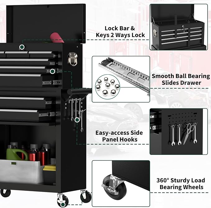 8-Drawer Heavy Duty Tool Chest with Wheels - Industrial Rolling Tool Box, Lockable Drawers & Smooth Glide System for Mechanics, Garage, Auto Repair Shop(Black)