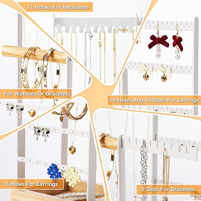 DreamGenius Jewelry Organizer Stand with Velvet Ring Holder, 4 Tier Jewelry Holder Organizer with 11 Hooks for Necklaces and 132 Holes for Earrings, White