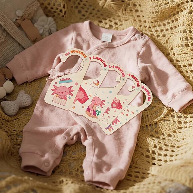 8pcs Baby Closet Dividers, Wooden Baby Wardrobe Organizer Newborn to 24 Months Axolotl-Themed Design Nursery Decor Double-Sided Nursery Hanger Dividers for Home Decor