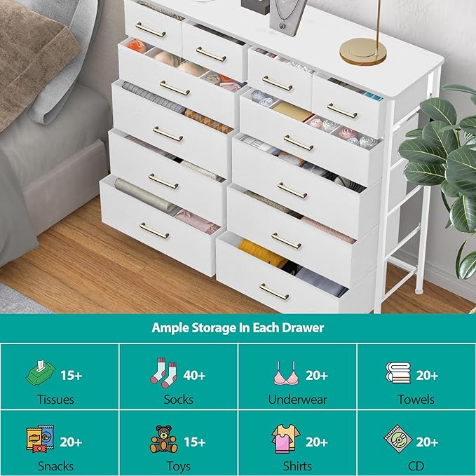 Chest of Drawers for Bedroom with 12 Deep Drawers Tall Fabric Dresser, Storage Cabinet for Closet, Nursery, Bedside, Living Room, Entryway, Hallway (White)