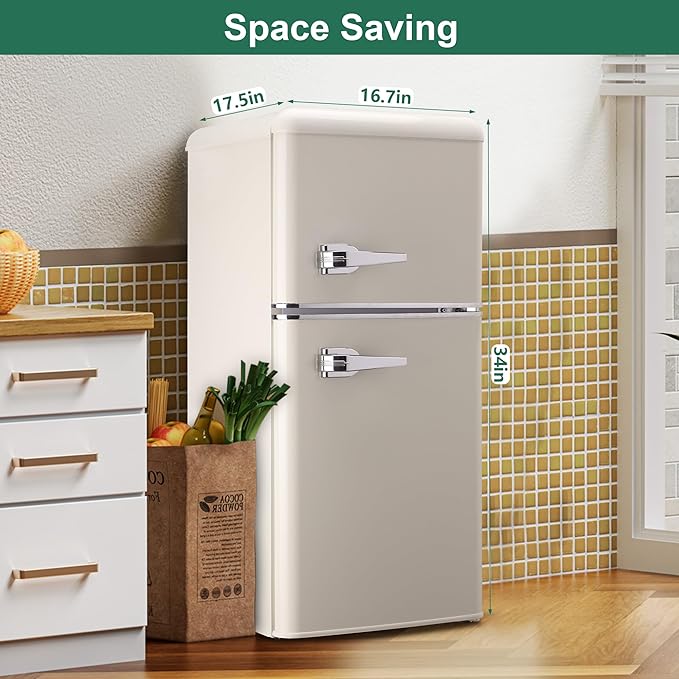 Retro Mini Fridge, 3.2 Cu. Ft. Small Refrigerator with Freezer Retro Style with 7-Level Adjustable Thermostat, Compact Vintage 2-Door Fridge for Apartments, Dorm, Office, Cream