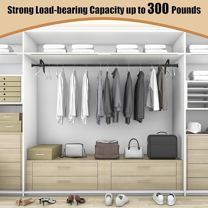 Closet Rod, 16 to 87 Inch Closet Rods Heavy Duty Adjustable Wardrobe Poles for Hanging Clothes and Heavy Duty Bracket Closet Pole Support (The Shelf NOT Included)(Black)