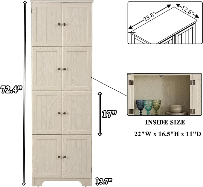 72" H Farmhouse Storage Cabinet, 4 Tier Kitchen Pantry Cabinet with 4 Shelves, 8 Doors Freestanding Floor Storage Cabinet Wooden Organizer Bookcase for Living Room & Kitchen (White)