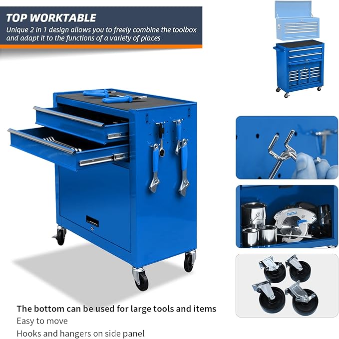8-Drawer High Capacity Rolling Tool Chest, Removable Cabinet Storage Tool Box with Wheels and Drawers, Detachable Toolbox with Lock for Workshop Mechanics Garage