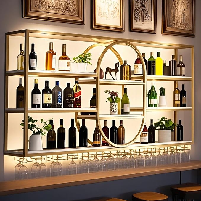 Large Wall Mount Wine Rack, Metal 4 Tier Large Capacity Hanging Bar Rack with Wine Glass Holder, Oval Wine Bottle Storage Display Rack for Kitchen, Living Room, Home (Gold, 120cm/47.2in)
