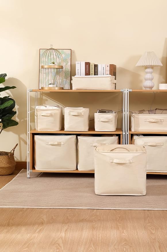 Decorative Basket Rectangular Fabric Storage Bin Organizer Basket with Handles for Clothes Storage (14.5 x 10.2 x 6.2, Beige)