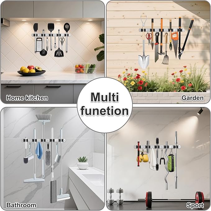Broom Holder Wall Mount, Broom Organizer Wall Mount Stainless Steel Broom and Mop Hanger Heavy Duty Storage Organization for Home Kitchen Garden Garage Room 5 Racks 4 Hooks