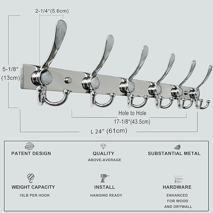 Dseap Coat Rack Wall Mount 2.0 Pro: 24” Long, 3X Tougher, Heavy Duty Stainless Steel Wall Coat Hanger with 6 Tri Hooks for Clothes Jackets Hats Entryway Closet, Chromed, Pack of 2