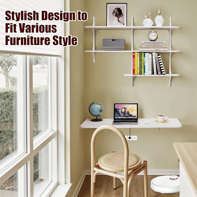 Pmnianhua Wall Mounted Folding Table, 47'' Floating Laptop Desk with Shelves, Foldable Drop Leaf Table, Wall Mount Fold Down Table for Laundry Room Kitchen Bar Home Office Small Space(White)