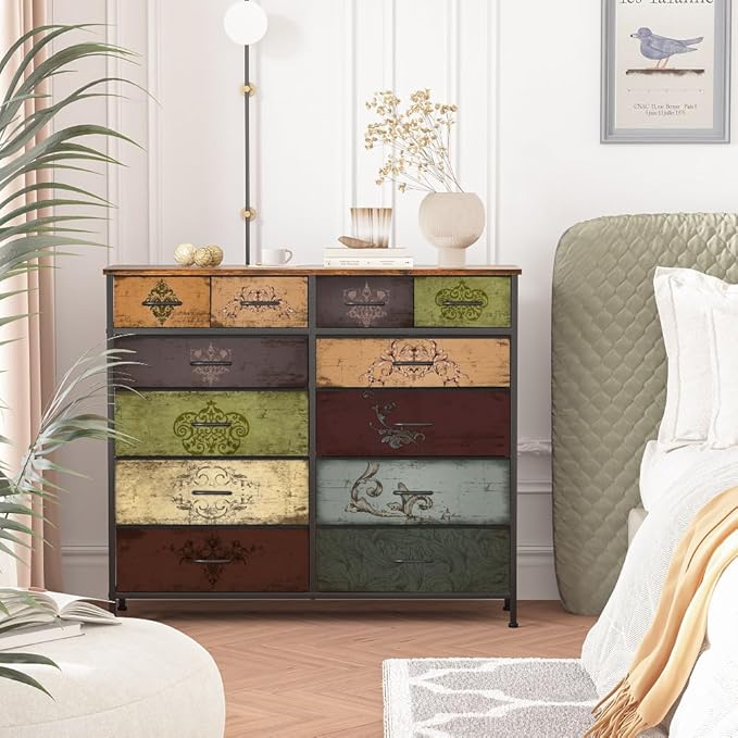 Dresser for Bedroom with 12 Drawers, Tall Fabric Drawer Dresser, Chest of Drawers for Closet, Nursery, Bedside, Living Room, Entryway, Hallway (Pattern)