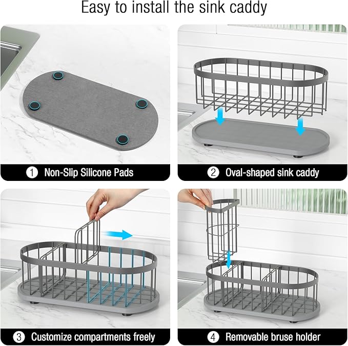 Kitchen Sink Organizer with Sponge Holder & Brush Holder - Drain-Free Non-Slip Base, 2.6mm Stainless Steel with Grey Rust-Resistant Coating - Easy Install & Clean Kitchen Sink Caddy