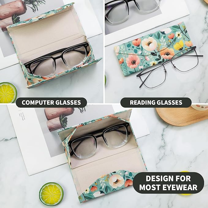 Foldable Glasses Case, Magnetic PU Leahter Sunglasses Case, Cute Hard Shell Folding Eyeglass Cases for Women Kids