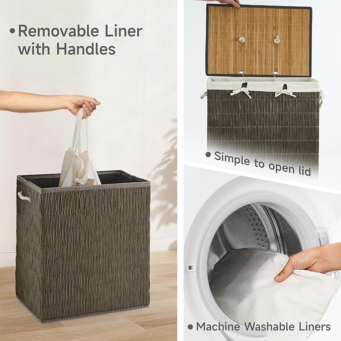 Laundry Hamper with Lid, 39.6 Gallon(150L) Large Laundry Basket 2 Removable Liner Bags, Synthetic Rattan Clothes Hamper with Side Pocket, laundry organization for bathroom, laundry room, Grey